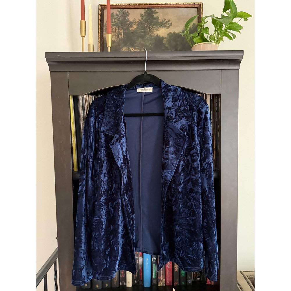 Natural Life Crushed Velvet Blazer L/XL Blue Open Front Stretch Cardigan Jacket